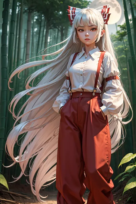 a girl in full outfit standing in full moon with plants behind her, fujiwara no mokou, bamboo, 1girl, bamboo forest, long hair, ...