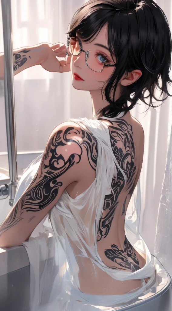 Practical,photoPractical,photo-Practical:1.37,4K,8K,high resolution,masterpiece:1.2,Extremely detailed,Detailed tattoo,Detailed tattoo on back,Beautiful and delicate eyes,Beautiful and delicate lips,Extremely detailed eyes and face,Long eyelashes,Nude female figure,Big Ass,Short black hair,tie black hair((Beautiful nipples))((Soak in the bathtub))((Many tattoos all over the body))((smart glasses))((Very short hair))((Open your legs))((bathroom))((bath))