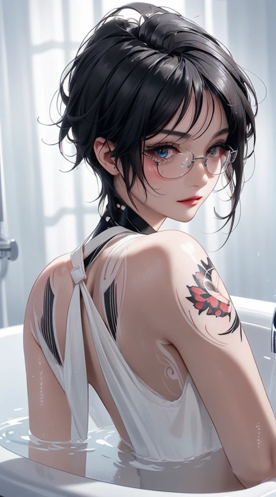 Practical,photoPractical,photo-Practical:1.37,4K,8K,high resolution,masterpiece:1.2,Extremely detailed,Detailed tattoo,Detailed tattoo on back,Beautiful and delicate eyes,Beautiful and delicate lips,Extremely detailed eyes and face,Long eyelashes,Nude female figure,Big Ass,Short black hair,tie black hair((Beautiful nipples))((Soak in the bathtub))((Many tattoos all over the body))((smart glasses))((Very short hair))((Open your legs))((bathroom))((bath))