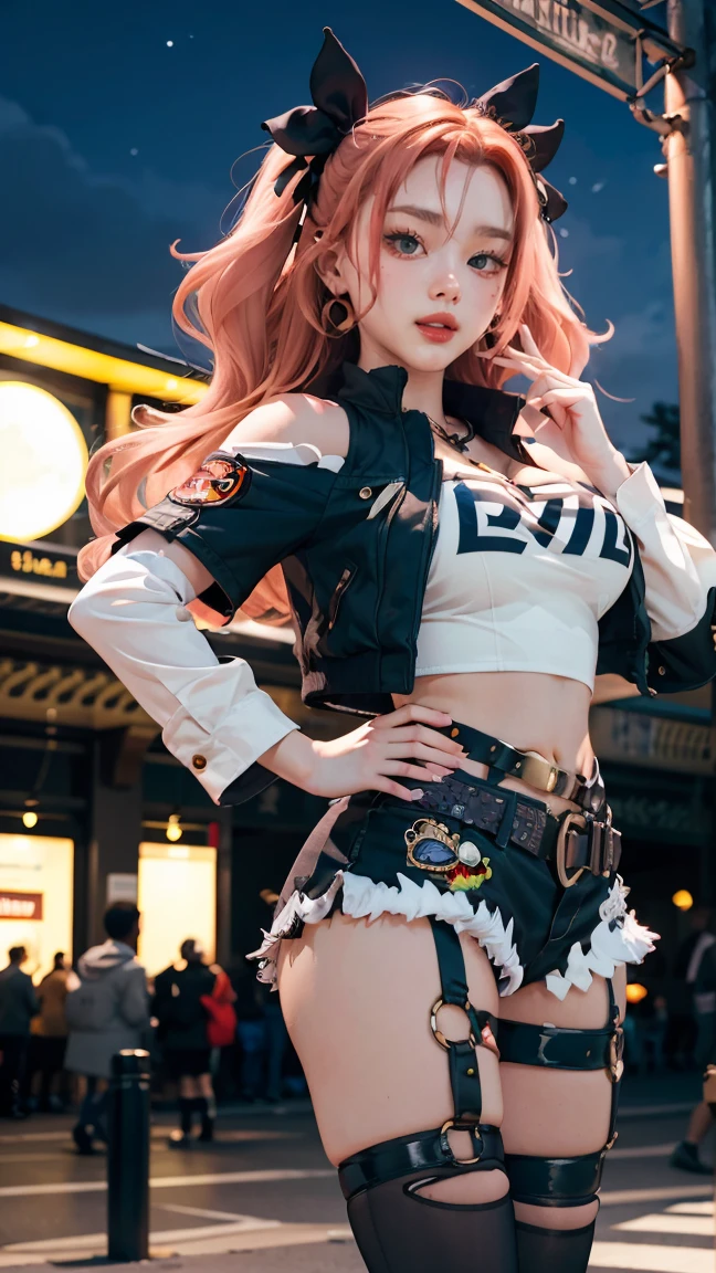 masterpiece, best quality, ultra-detailed, extremely detailed,illustration, 1girl, nicole demara, hair ribbon, hairclip, earrings, black collar, tube top, single thighhigh, short shorts, cropped jacket, belt, thigh strap, detached sleeves, doll, standing, hand on hip, cowboy shot, night street, moon 