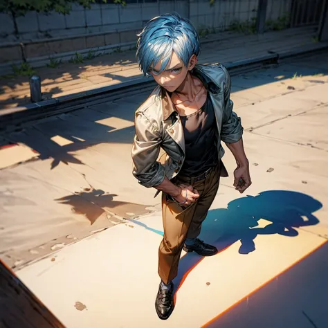 solo character, young boy, full body version, blue half white colour hair, short haircut, black shirt, brown trousers, shoes, no...