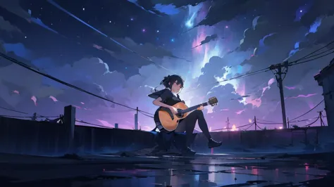 masterpiece,night,(dark alley),star、night sky、milky way、octone、
(1. female), (solo), knee hugging sitting，acousticguitar