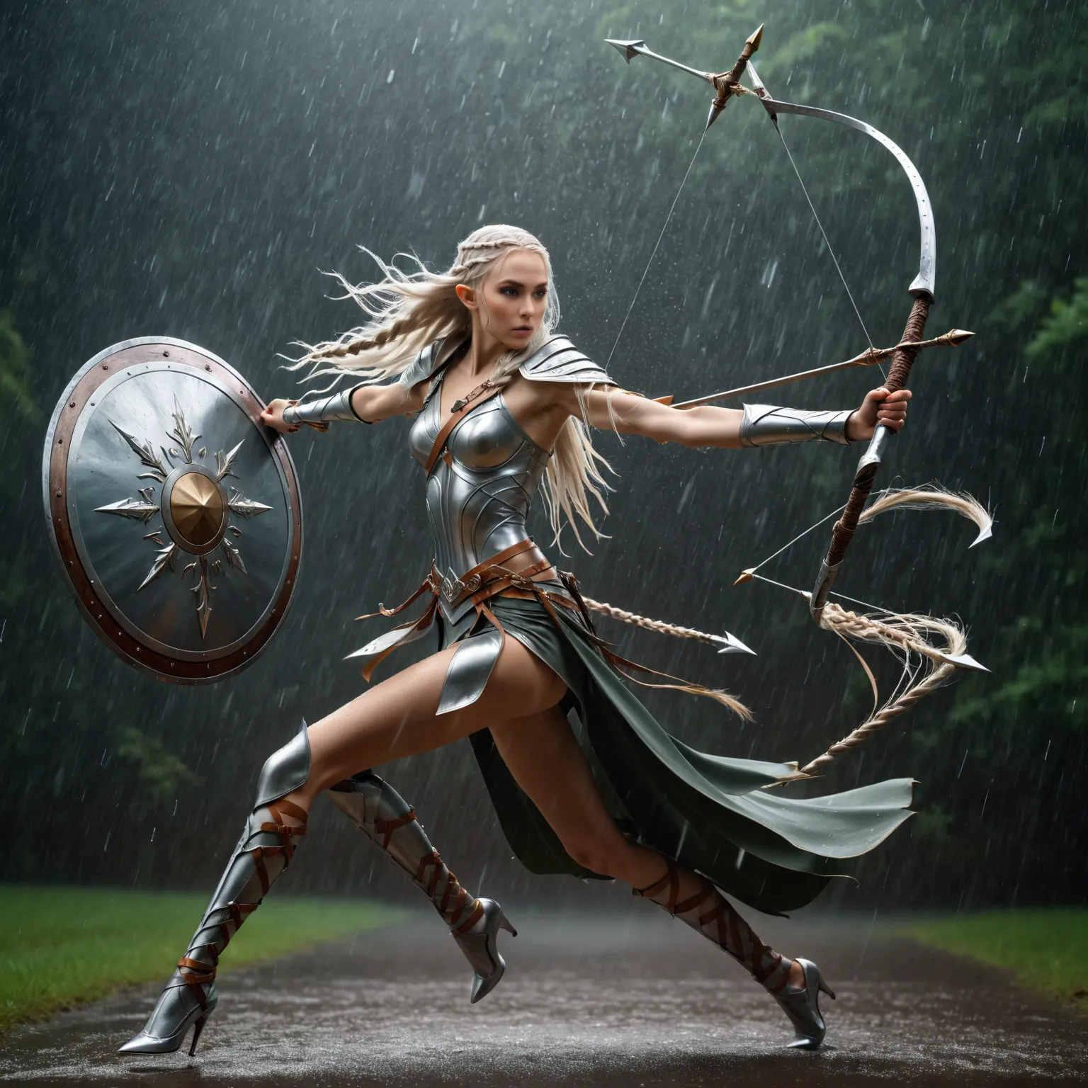 slow exposure image of a {1elven stunning pose, warrior, swinging the sword in circle swing, photo_model pose, holding sword, br...