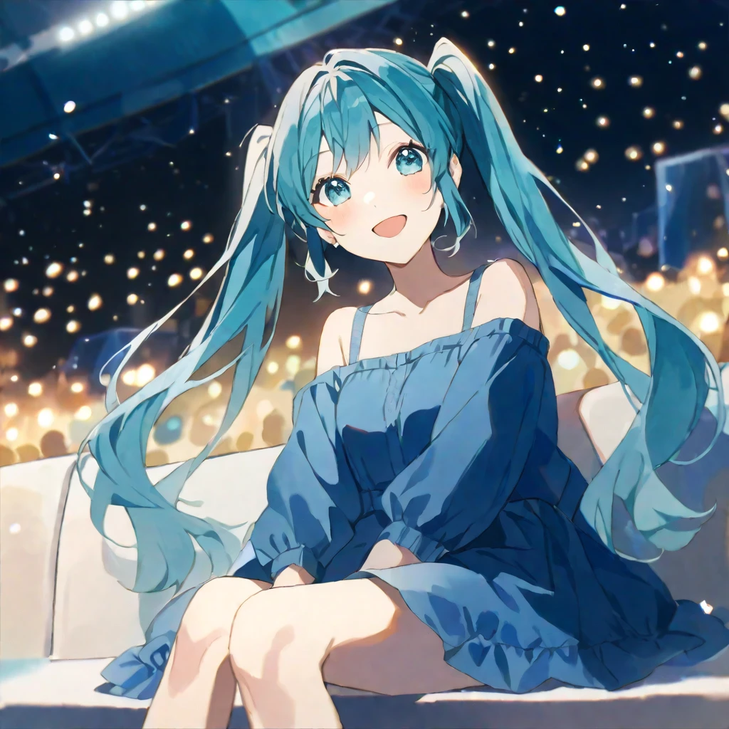 alone, good looking, watercolor,
1. woman,
hatsune miku、smile、Sitting、Open your mouth、Particles of light、Observe the audience、Look at this, twin tail, Blue Hair/Light blue hair, Off the shoulder,Casual Dresses,