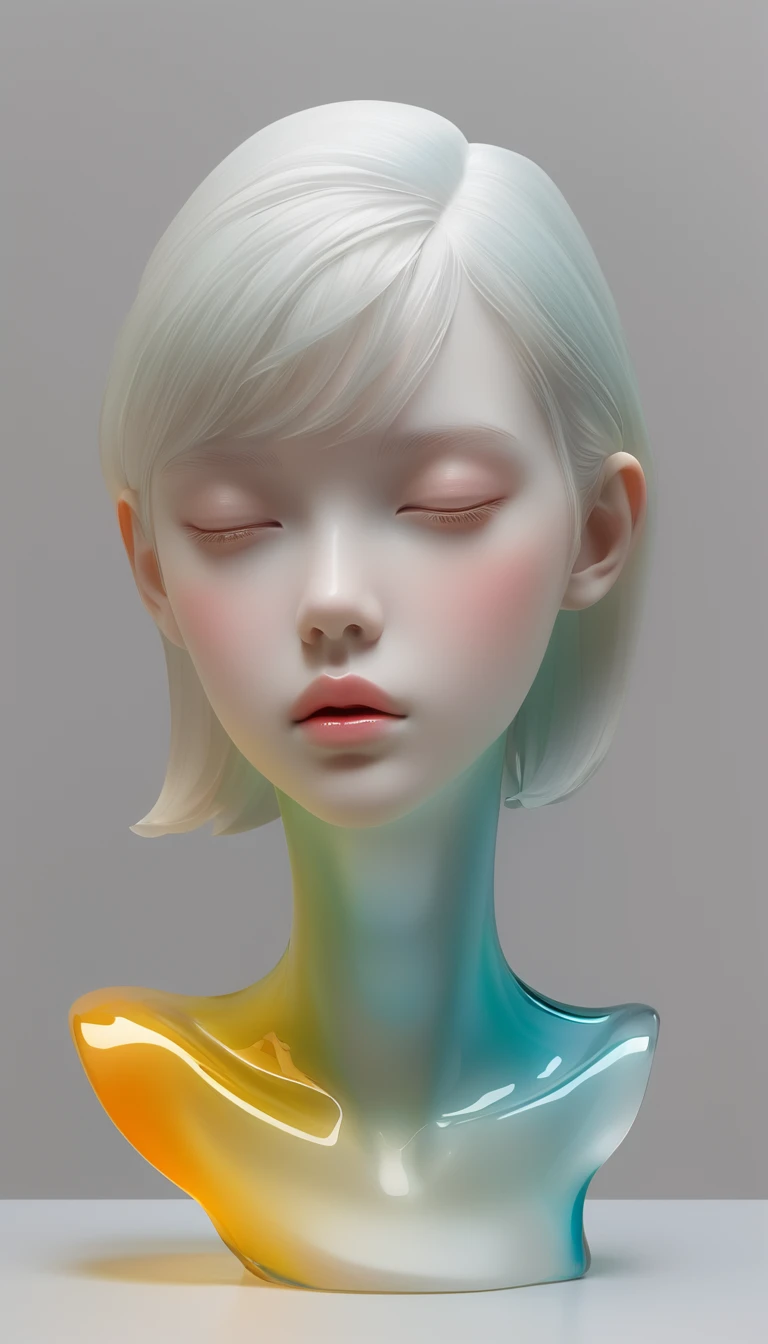 3D portrait sculptures are placed on the central stand，simple，Minimalism，beautiful girl，Soft and elegant colors，Colored glass transparent