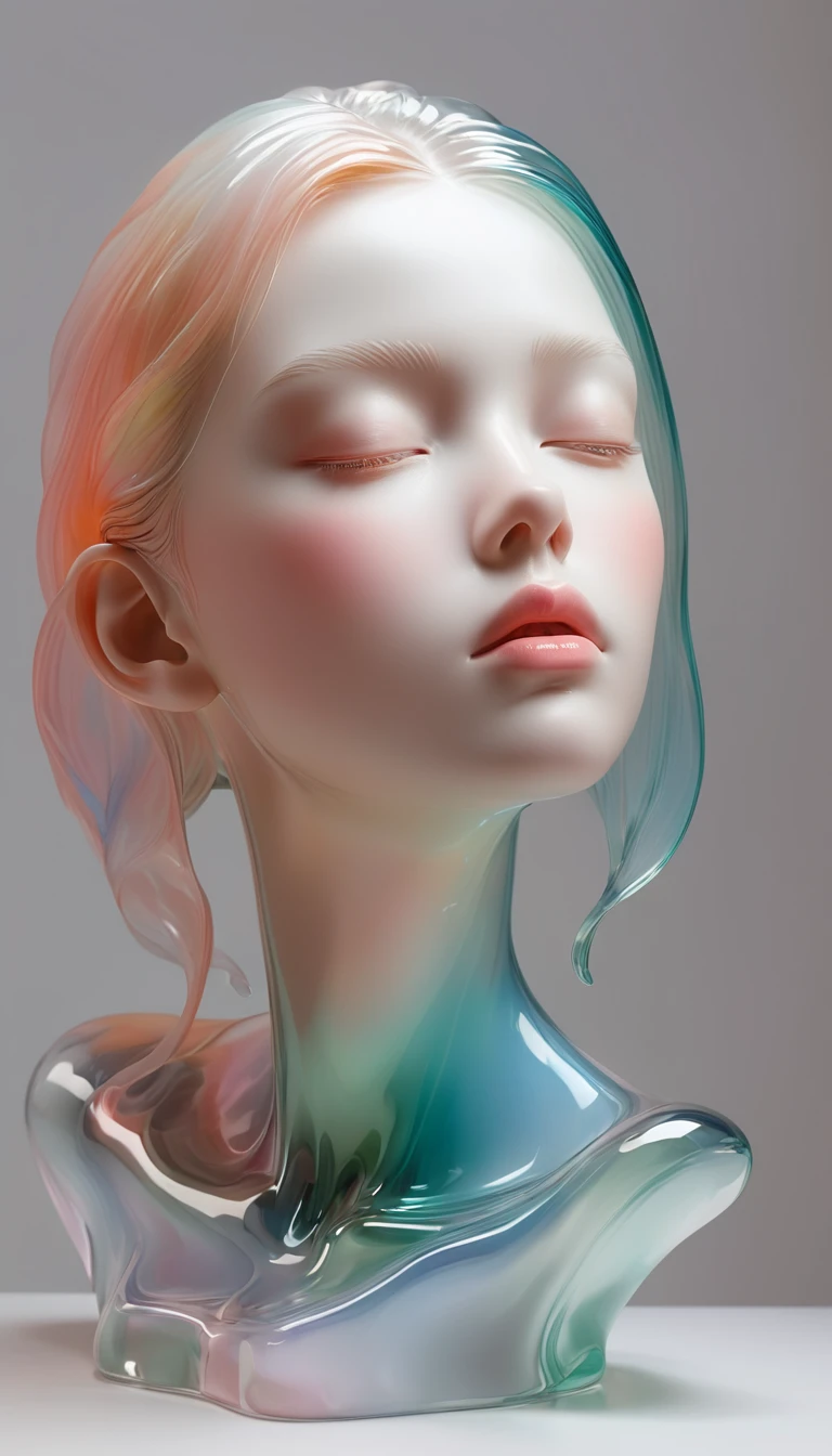 3D portrait sculptures are placed on the central stand，simple，Minimalism，beautiful girl，Soft and elegant colors，Colored glass transparent