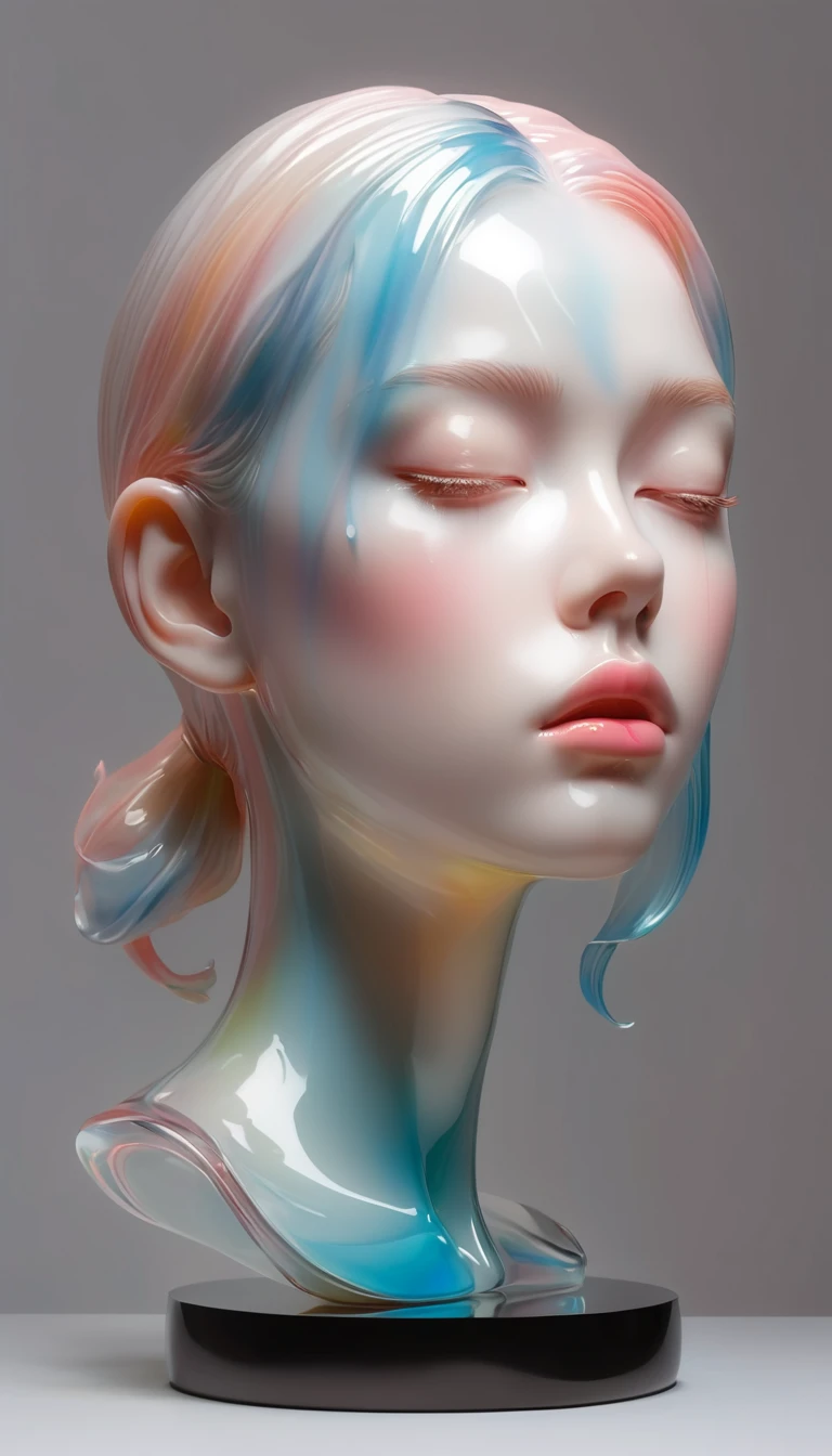 3D portrait sculptures are placed on the central stand，simple，Minimalism，beautiful girl，Soft and elegant colors，Colored glass transparent