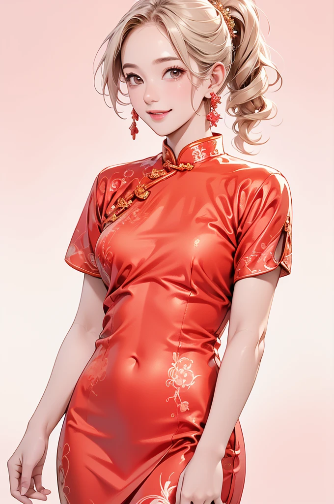 high resolution,smile,happy,light smile,woman,woman1人,adult,Clear,cute, Blonde Hair,BREAK, Brown eyes,BREAK,wavy hair,long hair,BREAK, ((looking at viewer)), Red Chinese dress,BREAK, Sparkly earrings, Facing forward,BREAK,Pink background,