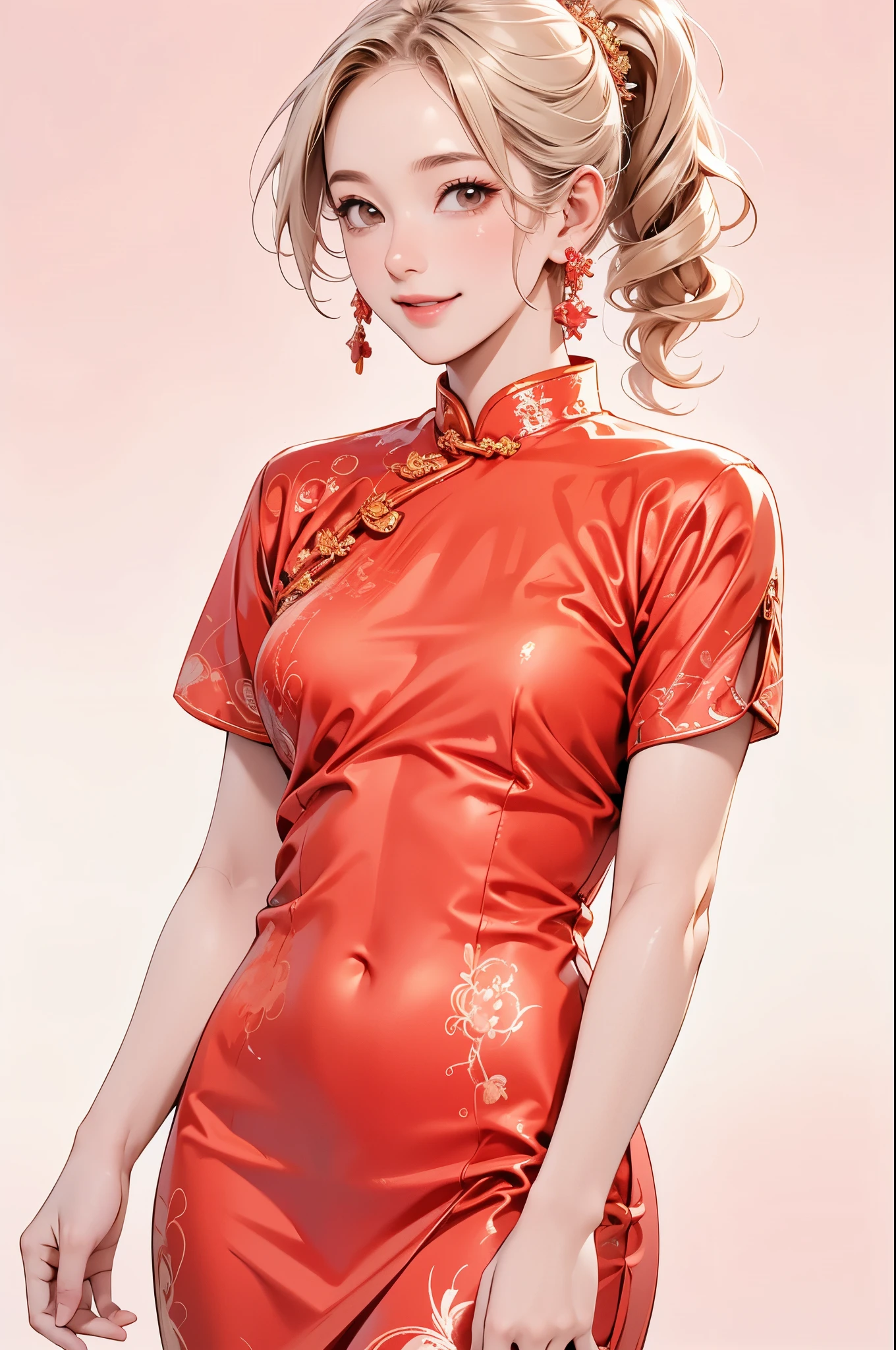 high resolution,smile,happy,light smile,woman,woman1人,adult,Clear,cute, Blonde Hair,BREAK, Brown eyes,BREAK,wavy hair,long hair,BREAK, ((looking at viewer)), Red Chinese dress,BREAK, Sparkly earrings, Facing forward,BREAK,Pink background,