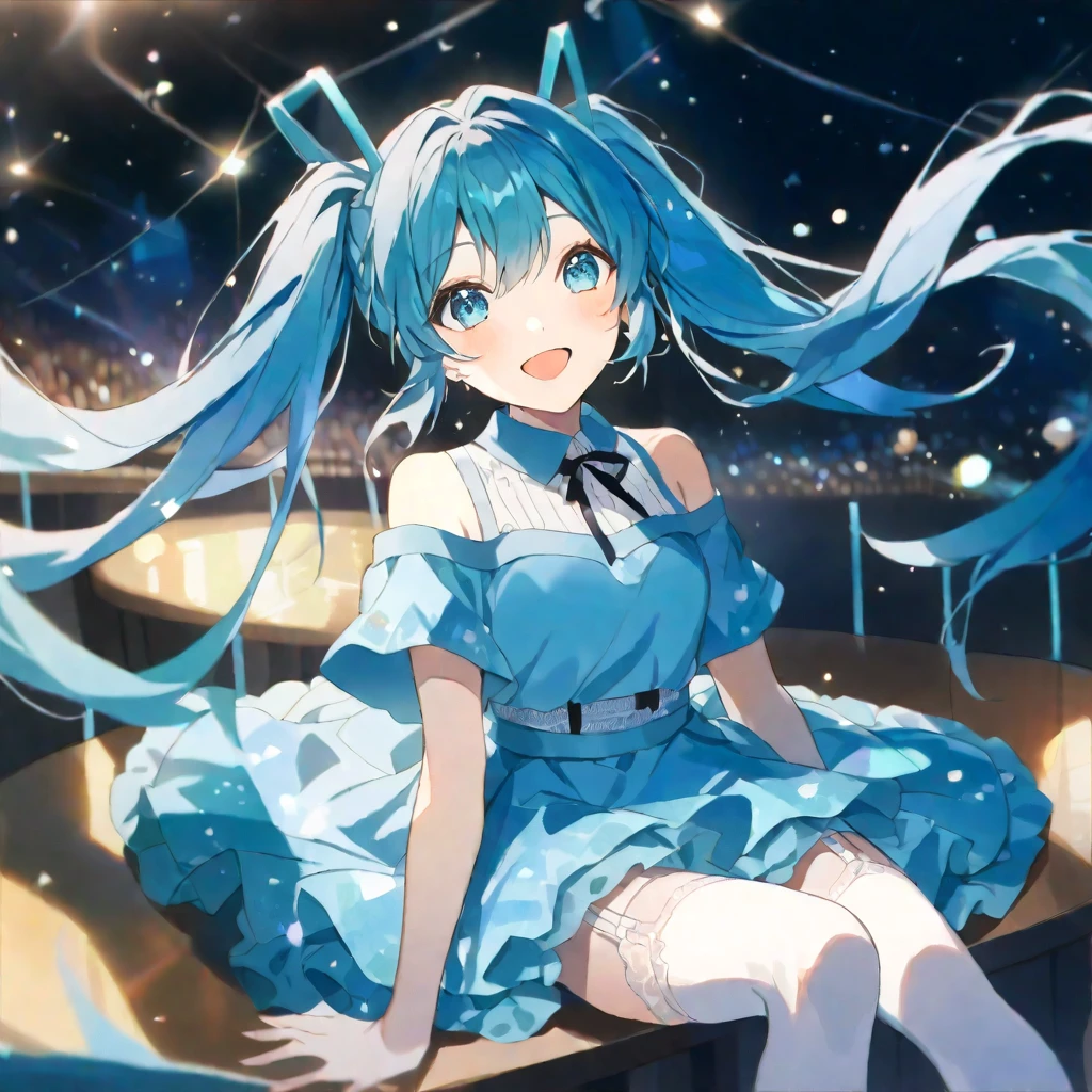 alone, good looking, watercolor,
1. woman,
hatsune miku、smile、Sitting、Open your mouth、Particles of light、Observe the audience、Look at this, twin tail, Blue Hair/Light blue hair, Off the shoulder,dress,garter belt,knit,