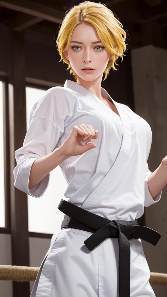 ((((masterpiece, best quality, high resolution)))), Extremely detailed 8K, 1 female, wearing a black Karate gi, (Ultra HD, Ultra-detailed, Highly detailed, Highly realistic, Ultra-realistic, photograph realistic), (1girl:1.5), (Realistic yellow hair), (dynamic poses), facing at camera, looking at viewer, (slightly serious face), (green eyes, sharp eyes), (perky breasts:1.2), (beautiful detailed face, beautiful detailed eyes), ((worn out karate gi)), (preparing for a fight), sweat, glow, (sunbeam, sunlight), ((cowboy shot)), inside a training gym, seductive  hair colour ppink