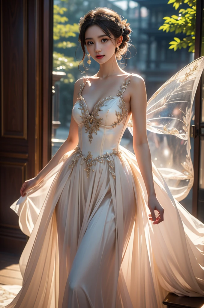 fairy dress, ((1 girl, Elegant posture)), Natural leg proportions, Visible cleavage, masterpiece, (best quality, 4K, 8K, high resolution, masterpiece:1.2), Extremely detailed, (Practical, photoPractical, photo-Practical:1.37), Official Art, CG, Anatomically correct, Random Scenes, Random shooting angle, Movie, photography, Intricate background, Soft lighting, Subtle shadows, Vibrant colors, Expressive eyes, Beautiful, high class boutique, Ambience, A moment of honesty, Natural expression, Detailed texture, Fine details, Refined and elegant, Exquisite style, Artistic Composition, Beautifully presented.