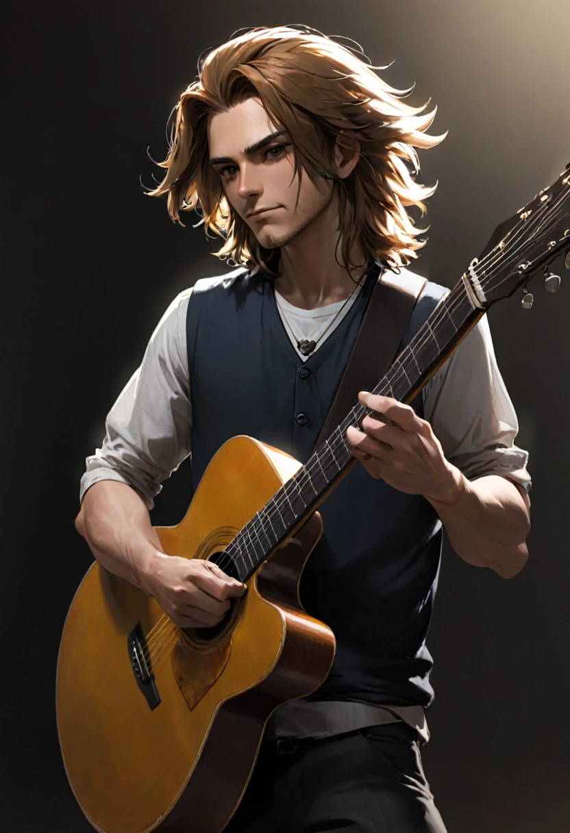 a gentleman, with T-shirts, sexy hair, holding a guitar