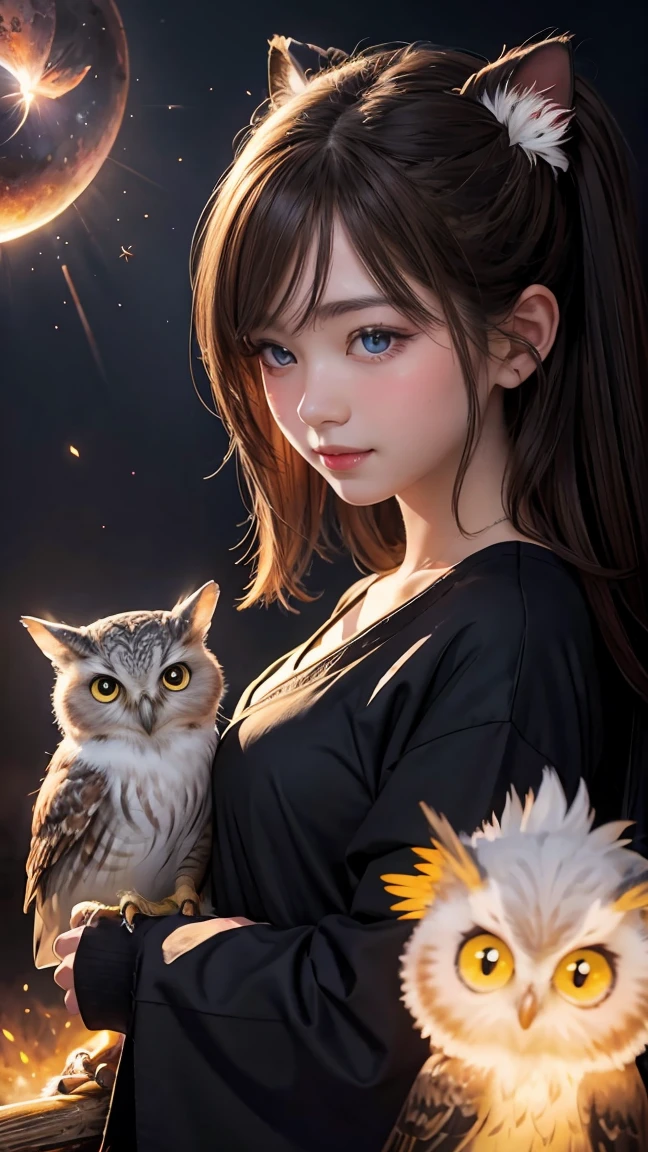 a painting of a colorful owl on a black background,, breathtaking rendering, within a radiant connection, inspired by Kinuko Y. Craft,, magical elements, kitten icon, wow, is beautiful, casting a multi colorful spell, bright flash, flash  