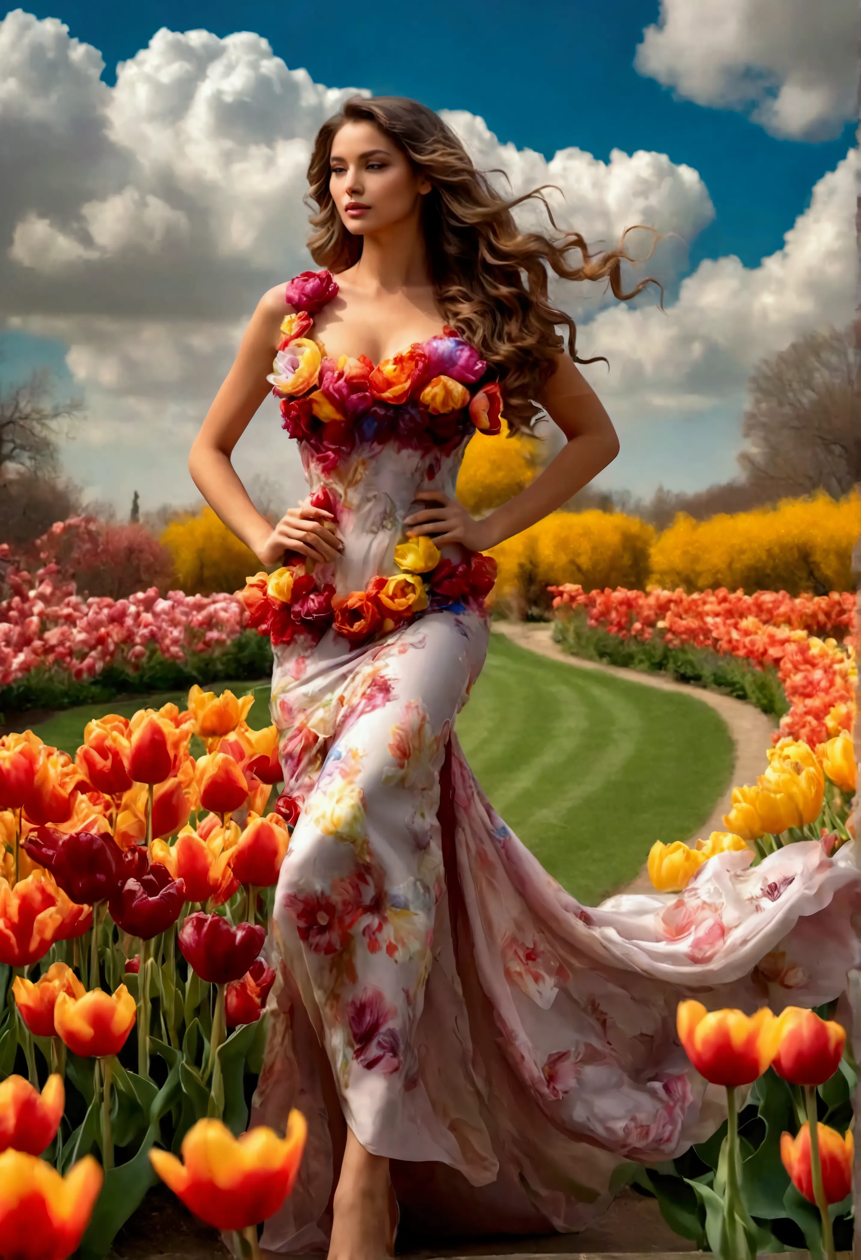 Beautiful woman, long hair, loose curls, graceful pose, the dress made of tulips, tulips in 10 colours, vibrant colours, silhoue...