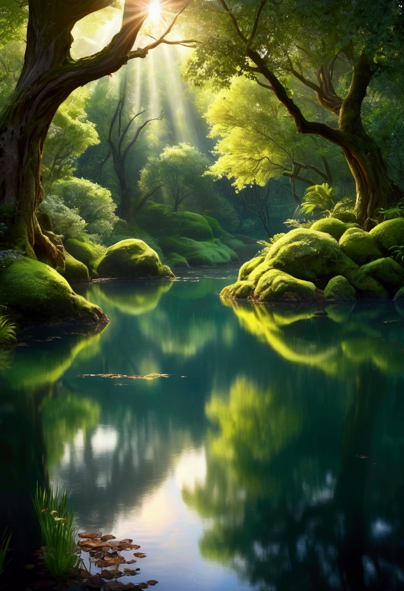 (best quality, high resolution:1.2), very detailed, realistic, sight, The Enchanted Forest, Beautiful reflection, peaceful atmosphere, soft sunlight, calm valley, Lush green vegetation, A tranquil and peaceful scene, Subtle color palette, Calm atmosphere, breeze, birdsong heard from afar, vivid colors, The freshness of dawn after the rain, magnificent and beautiful, golden sky, underwater rocks, Rippled patterns on the water surface, sublime tranquility, balance, Leisurely and elegant composition, soft lighting, Warm sunlight filtering through tree branches,