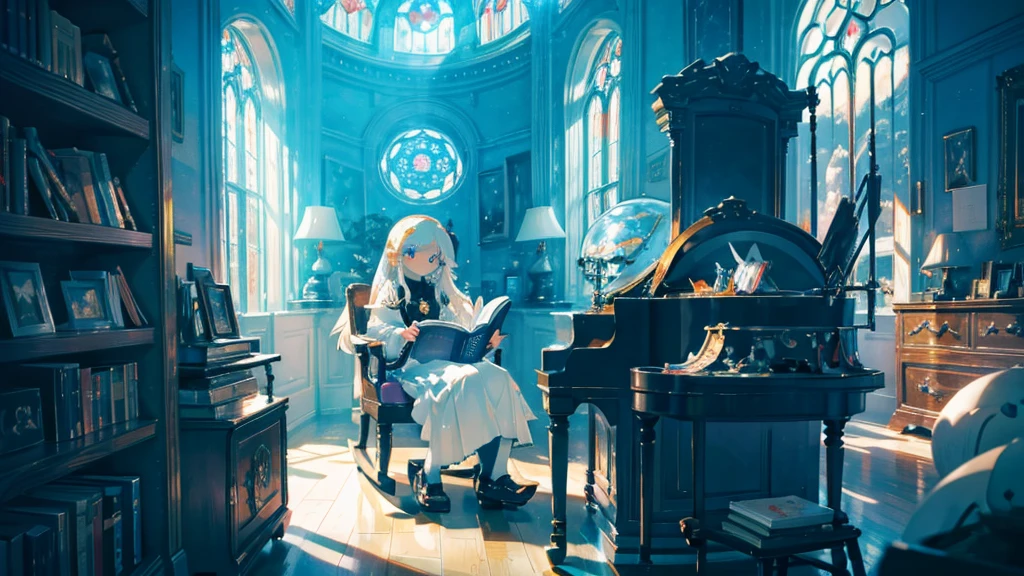 (The pieces fly), (Highest quality), Very detailed, 1 girl, Solo full body shot, Perfect Face, beautiful girl, Very detailed顔，(Long white hair:1.5)，(blue eyes:1.4)，universe、Glass Dome、Large dome、indoor、Light、[beautiful detailed lighting][soft lighting][cinematic lighting][light particles][colorful refraction][light diffusion][light-filled room]、Fantasy、Rocking Chair、reading、View Book、