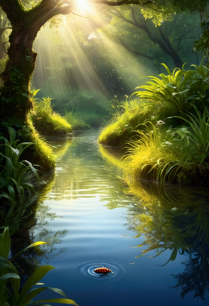 (best quality, high resolution:1.2), very detailed, realistic, sight, The Enchanted Forest, Beautiful reflection, peaceful atmosphere, soft sunlight, calm valley, Lush green vegetation, A tranquil and peaceful scene, Subtle color palette, Calm atmosphere, breeze, birdsong heard from afar, vivid colors, The freshness of dawn after the rain, magnificent and beautiful, golden sky, underwater rocks, Transparent clear water quality, light reflection on water, ripples on the water, A pattern that makes waves, sublime tranquility, balance, Leisurely and elegant composition, soft lighting, Warm sunlight filtering through tree branches, A seemingly invisible golden grass bug,