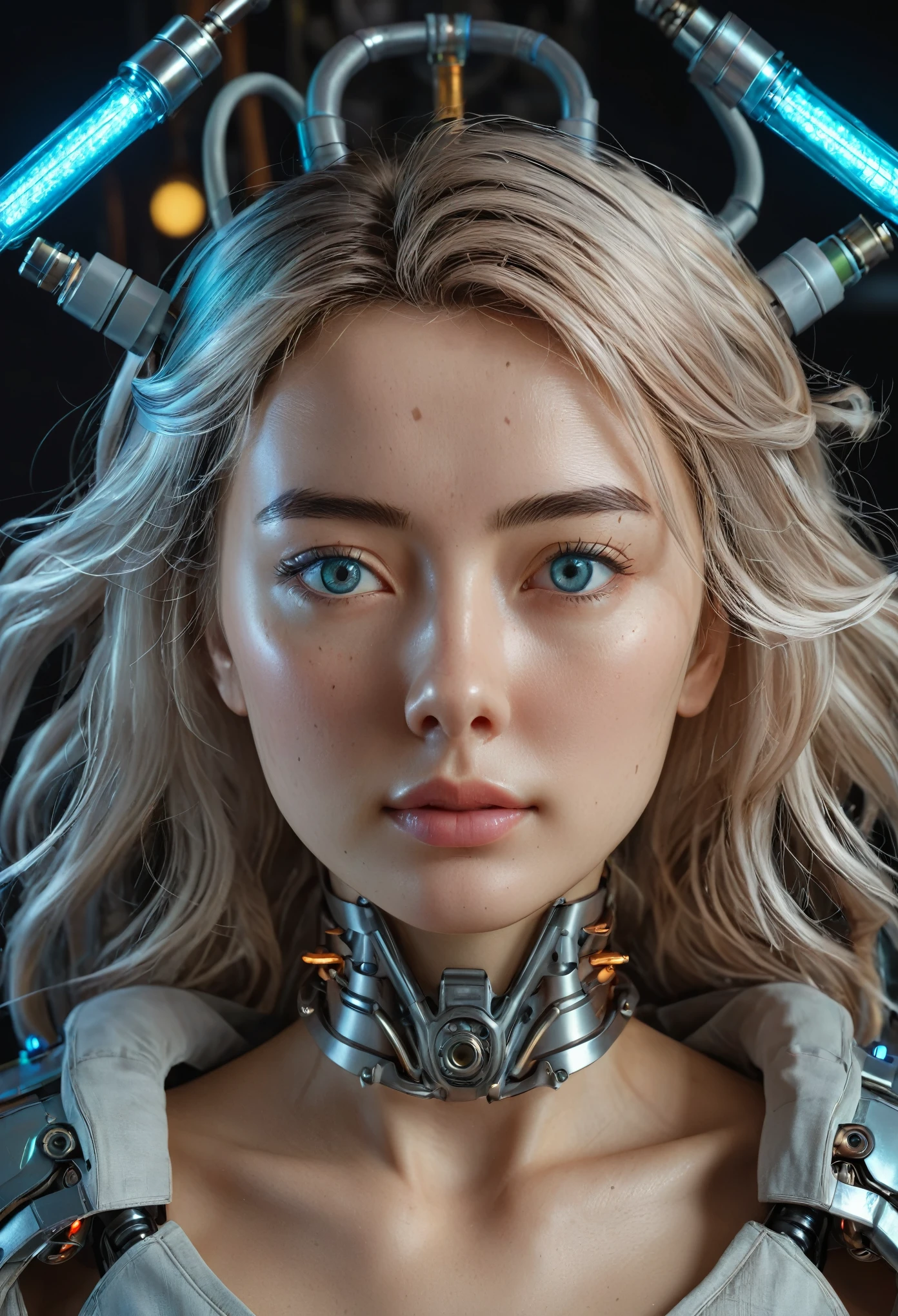 Highest quality, Tabletop, UltRa High Resolution, ((PhotoRealistic: 1.4), RAW Photos, 1 Cyberpunk Girl, Glowing Skin, 1 Mechanical GiRl, (supeR Realistic details)), Mechanical Limbs, Tubes connected to mechanical paRts, Mechanical veRtebRae attached to the spine, Mechanical ceRvical attachment to the neck, WiRes and cables connecting to the head, Evangelion, ghost in the Shell, Small glowing LED lamp, Global Illumination, Deep Shadow, Octane RendeRing, 8k, ultRashaRp, Metal, IntRicate decoRation details, BaRoque style details, high intRicate detailed, Realistic Light, TRends in CG, Facing the cameRa, Neon Details, (andRoid factoRy on backgRound), ARt by H.R. Giger and Alphonse Mucha. 、Highly photoRealistic human beings、PeRfectly Round pupiloRe on the amazing pupil iRis、White teenage giRl、A little childish、Small Face、VeRy human skin feel、ﾘｱﾙareola、ﾘｱﾙ、fissuRe、A 14-yeaR-old giRl、Whole Body Ezbian、7 heads、with Round face、(Not a cRushing eye)、A large rocket-shaped、European face