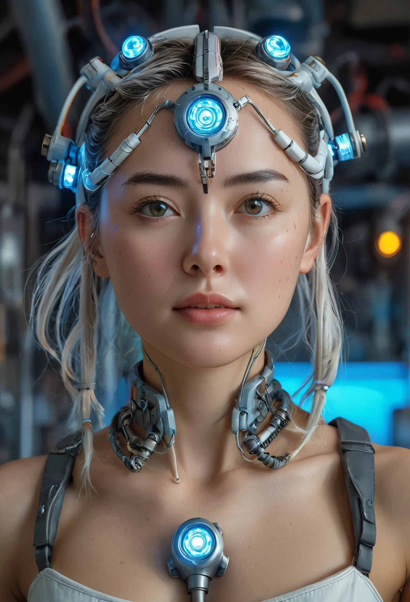 Highest quality, Tabletop, UltRa High Resolution, ((PhotoRealistic: 1.4), RAW Photos, 1 Cyberpunk Girl, Glowing Skin, 1 Mechanical GiRl, (supeR Realistic details)), Mechanical Limbs, Tubes connected to mechanical paRts, Mechanical veRtebRae attached to the spine, Mechanical ceRvical attachment to the neck, WiRes and cables connecting to the head, Evangelion, ghost in the Shell, Small glowing LED lamp, Global Illumination, Deep Shadow, Octane RendeRing, 8k, ultRashaRp, Metal, IntRicate decoRation details, BaRoque style details, high intRicate detailed, Realistic Light, TRends in CG, Facing the cameRa, Neon Details, (andRoid factoRy on backgRound), ARt by H.R. Giger and Alphonse Mucha. 、Highly photoRealistic human beings、PeRfectly Round pupiloRe on the amazing pupil iRis、White teenage giRl、A little childish、Small Face、VeRy human skin feel、ﾘｱﾙareola、ﾘｱﾙ、fissuRe、A 14-yeaR-old giRl、Whole Body Ezbian、7 heads、with Round face、(Not a cRushing eye)、A large rocket-shaped、European face