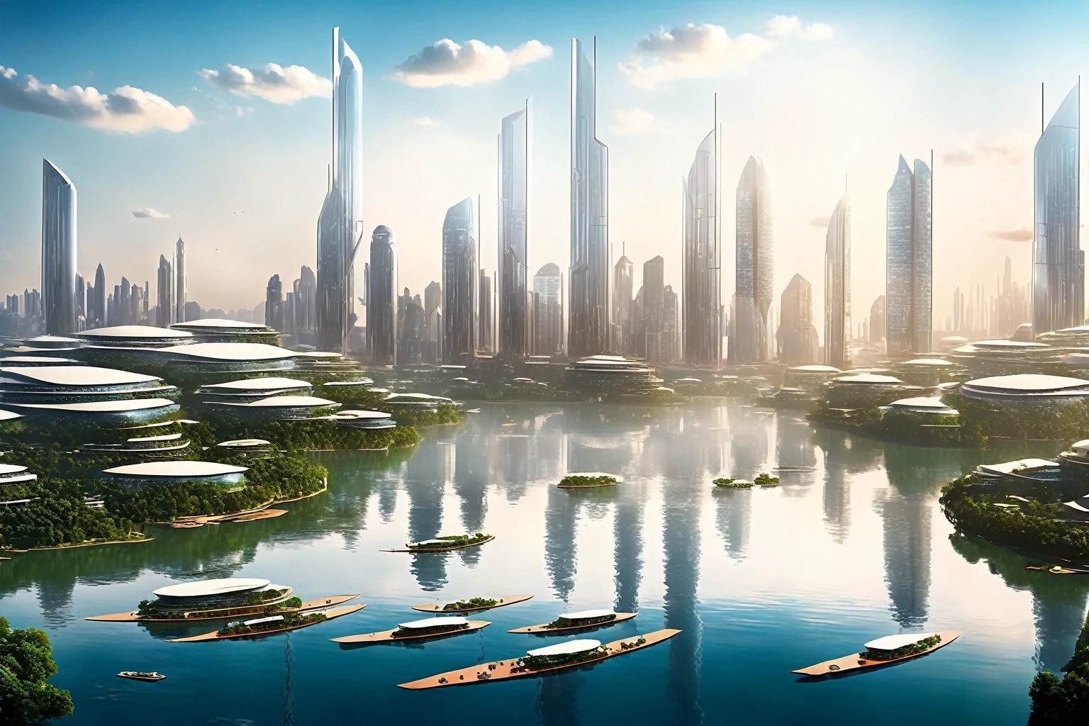 boats are docked in the water in front of a city skyline, floating skyscrapers, building along a river, with tall glass skyscrapers, towering over a city, beautiful city of the future, floating buildings, high-rise buildings, full - view, with shiny glass buildings, floating city in the sky, city in background, tall buildings on the sides