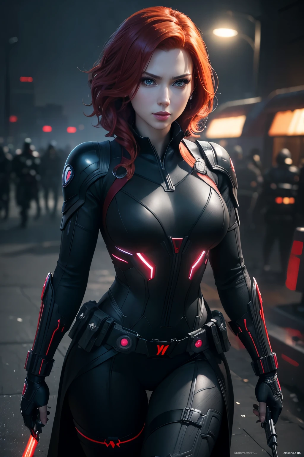 Black Widow de Marvel Comics, , (8k, photo brute, Meilleure qualité, chef-d&#39;œuvre: 1.2), (Réaliste, photo-Réaliste: 1.4), (fonds d’écran d’unité CG 8k extrêmement détaillés), tout le corps, (lumières néon), McHop, , hanfu, uniforme de bouclier, robe, joli visage, (plan sombre: 1.1), Réaliste epic,belle fille souriante 