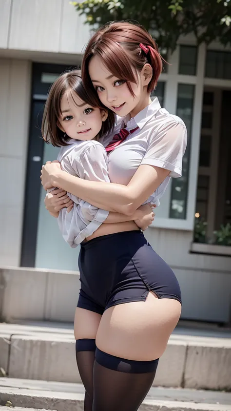 sister_and_little_brother, 、, yui obata, curvy, school uniform, stockings, giving a hug, red short hair,