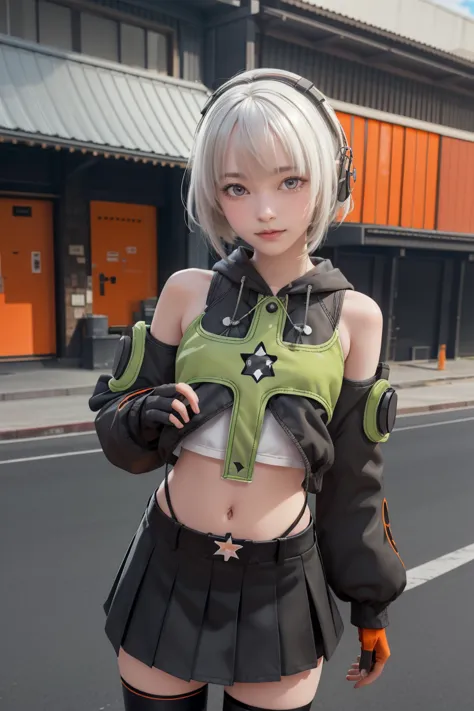 anbydemara, anby demara, (orange eyes:1.5), short hair, white hair,
break bare shoulders, black gloves, black skirt, black thigh...