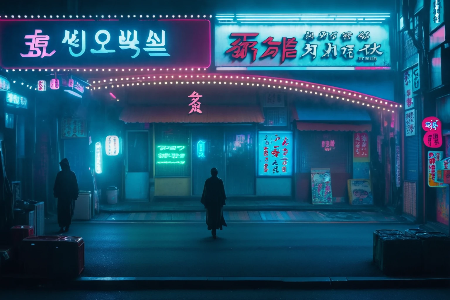 Araped image of a person walking down the street at night, Like a scene from Blade Runner, cyberpunk streets at night, Reminiscent of Blade Runner, cyberpunk street at night, in cyberpunk city, Blade Runner vibes, neon stores, cyberpunk streets in japan, cyberpunk street, foggy neon night, in cyberpunk aesthetic, cyberpunk aesthetic, neon street, neon sign