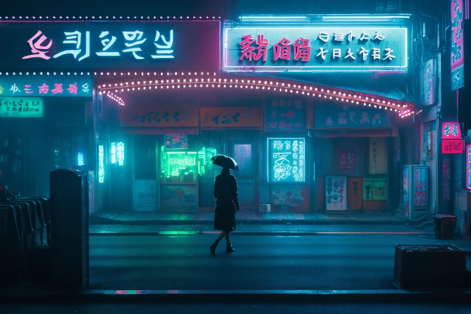 Araped image of a person walking down the street at night, Like a scene from Blade Runner, cyberpunk streets at night, Reminiscent of Blade Runner, cyberpunk street at night, in cyberpunk city, Blade Runner vibes, neon stores, cyberpunk streets in japan, cyberpunk street, foggy neon night, in cyberpunk aesthetic, cyberpunk aesthetic, neon street, neon sign