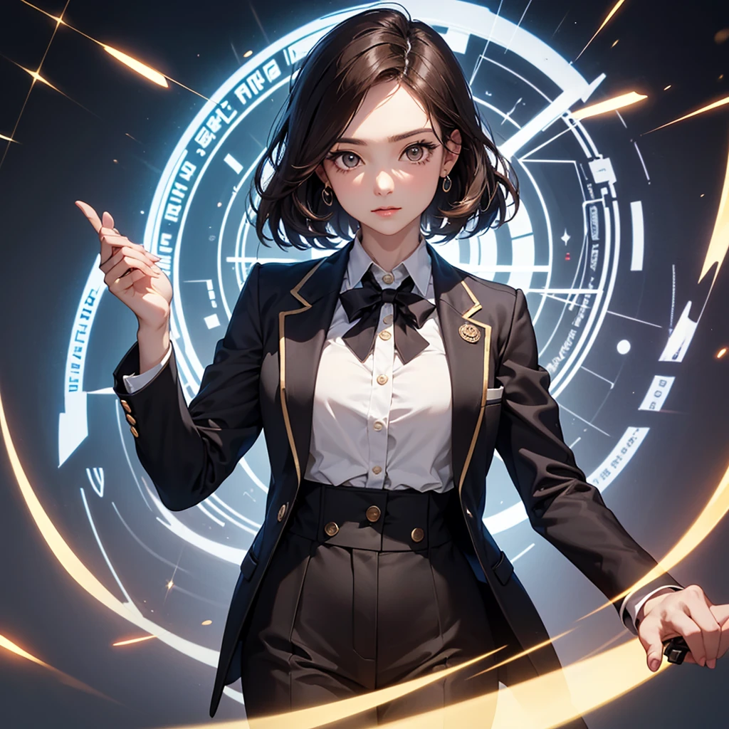 CG, Unity, 8k, wallpaper, Highest quality, masterpiece, Lovely lady, 18-year-old, Brown hair short cut, White skin, Best lighting, Complex pupil, Intricate weaving,((professor:1.2)),harf body,professor、tailored jacket、slacks、Magic circle pattern blouse、Futuristic Gadgets