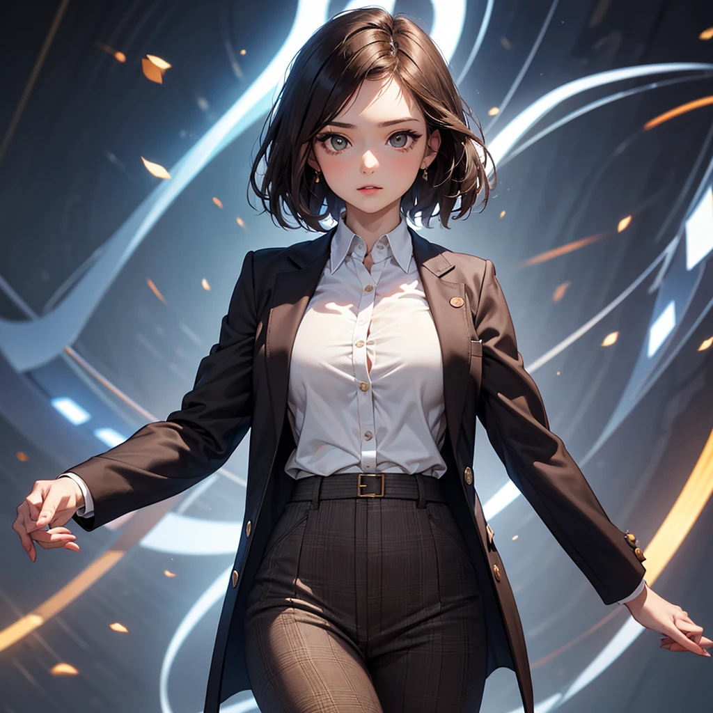 CG, Unity, 8k, wallpaper, Highest quality, masterpiece, Lovely lady, 18-year-old, Brown hair short cut, White skin, Best lighting, Complex pupil, Intricate weaving,((professor:1.2)),harf body,professor、tailored jacket、slacks、Patterned blouse、Futuristic Gadgets、Opened the chest