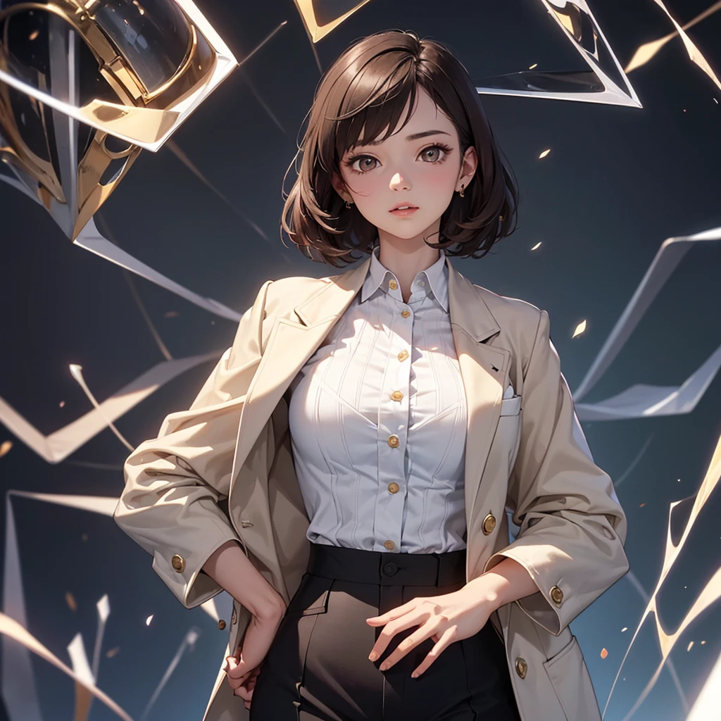 CG, ユニティ, 8K, 壁紙, 最高品質, 傑作, 素敵な女性, 1, 茶髪ショートカット, 白い肌, {最高の照明, 複雑な瞳, 複雑な織り,((教授:1.2)),ハーフボディ,教授、テーラードジャケット、スラックス、柄入りブラウス、未来的なガジェット、宝箱を開けた