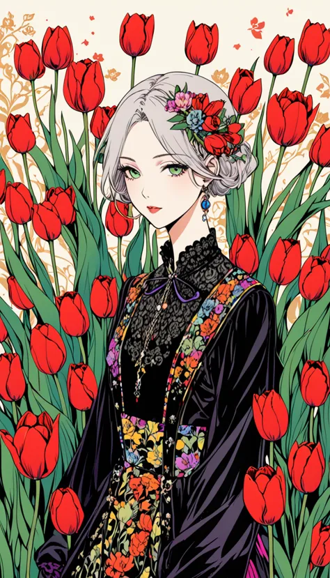 (harry clark (harry clarke) style:0.5),(圣地亚哥·卡鲁索style:0.7),
1 girl,
breaktulip background,(tulip&#39;s future:1.6),( background ...