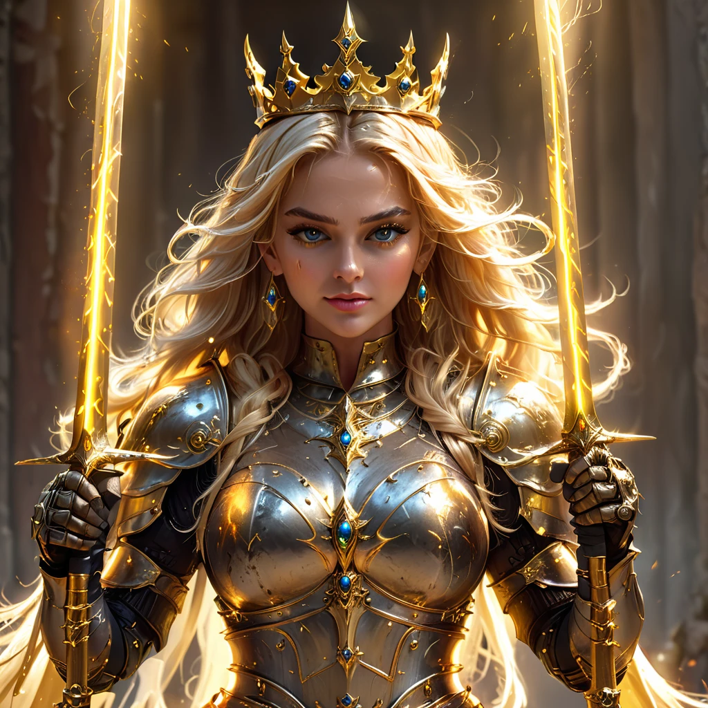 Extremely Beautiful Witch Blonde Girl and with two Golden Sharped Sword with a Beautiful Blonde Long Flowing Hair wearing a crown helmet and wearing a Golden Lightning Boobplate Armor with Jewelry Earrings with Makeup with the Best Quality with High Details with Textured Skin as a Masterpiece in a High Resolution in 8K Quality, proud pose with two long golden sharped sword, fierce expression with light smile,