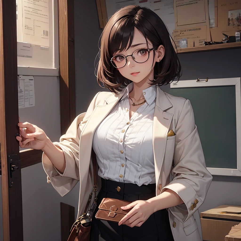 CG, ユニティ, 8K, 壁紙, 最高品質, 傑作, 素敵な女性, 1, 茶髪ショートカット, 白い肌, {最高の照明, 複雑な瞳, 複雑な織り,((教授:1.2)),ハーフボディ,教授、テーラードジャケット、複雑な模様の入った合成繊維のブラウス、ガジェットポーチ、宝箱を開けた、眼鏡