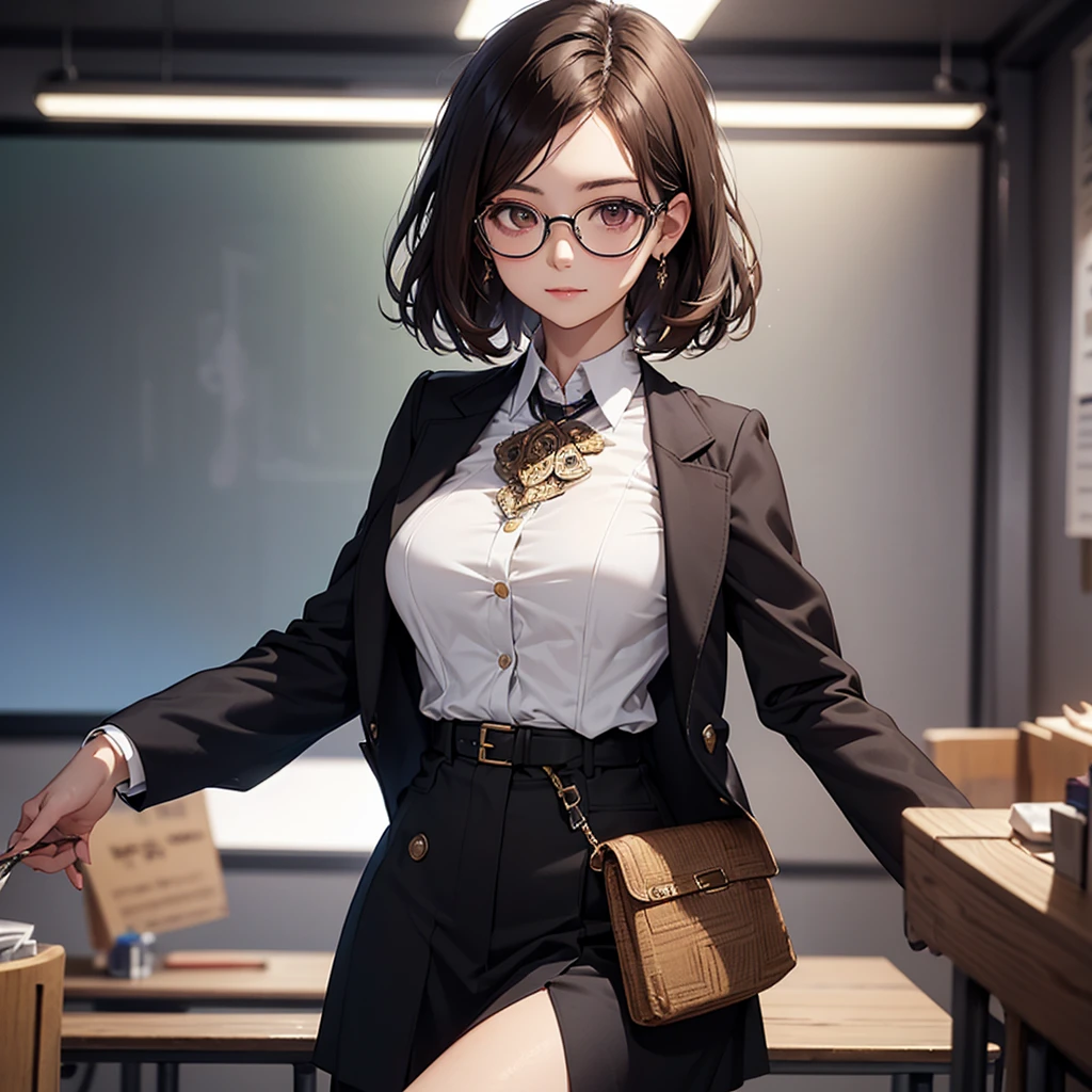 CG, Unity, 8k, wallpaper, Highest quality, masterpiece, Lovely lady, 18-year-old, Brown hair short cut, White skin, Best lighting, Complex pupil, Intricate weaving,((professor:1.2)),harf body,professor、tailored jacket、A synthetic fiber blouse with an intricate pattern、Gadget Pouch、Opened the chest、Glasses