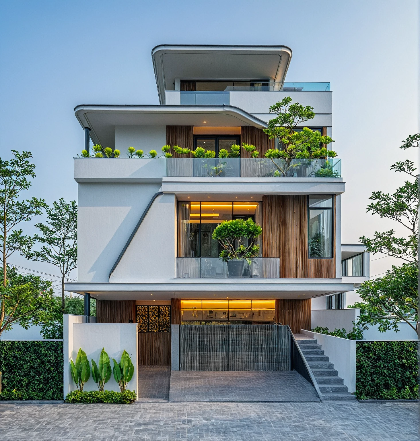 Country house , Minimalist architecture, modern house, brightly painted walls, highlight, xingfa aluminum glass doors. West facing house, . light In the afternoon, The build system has been turned on and you can view the content found, The floors are where businesses are located, The second floors are residences. representative reality. surreal house