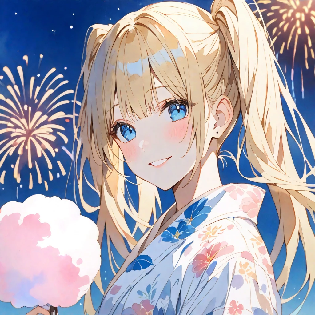 alone, good looking, watercolor,
1. woman,
Hime cut,Straight hair,Long Hair, Twin tails,Blonde, 
blue eyes,Soft impression,Lolita,18-year-old,
yukata,stylish,smile,Cotton candy,
skin,firework,
Blue background,