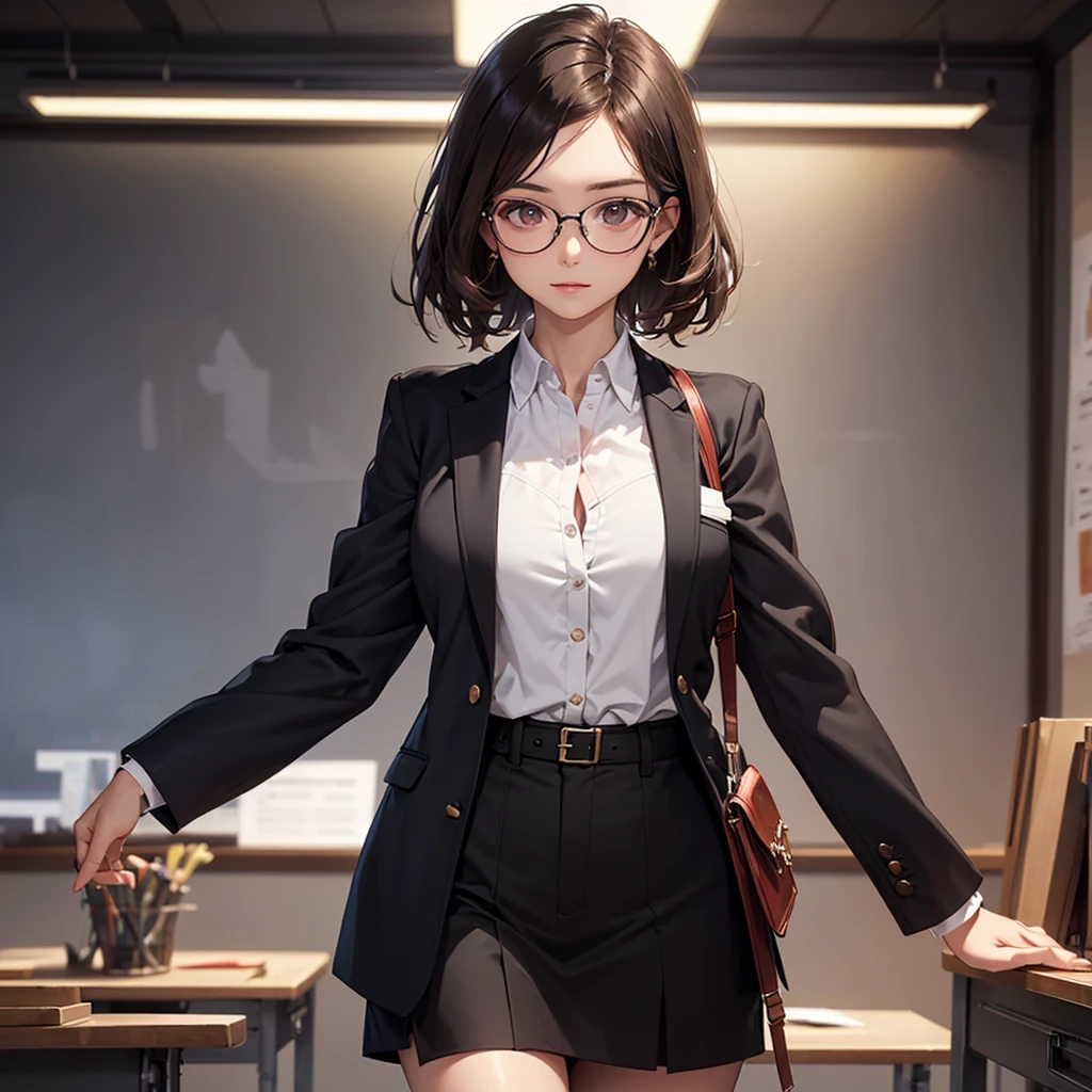 CG, Unity, 8k, wallpaper, Highest quality, masterpiece, Lovely lady, 18-year-old, Brown hair short cut, White skin, Best lighting, Complex pupil, Intricate weaving,((professor:1.2)),harf body,professor、tailored jacket、Shiny black blouse、Gadget Pouch、Opened the chest、Glasses