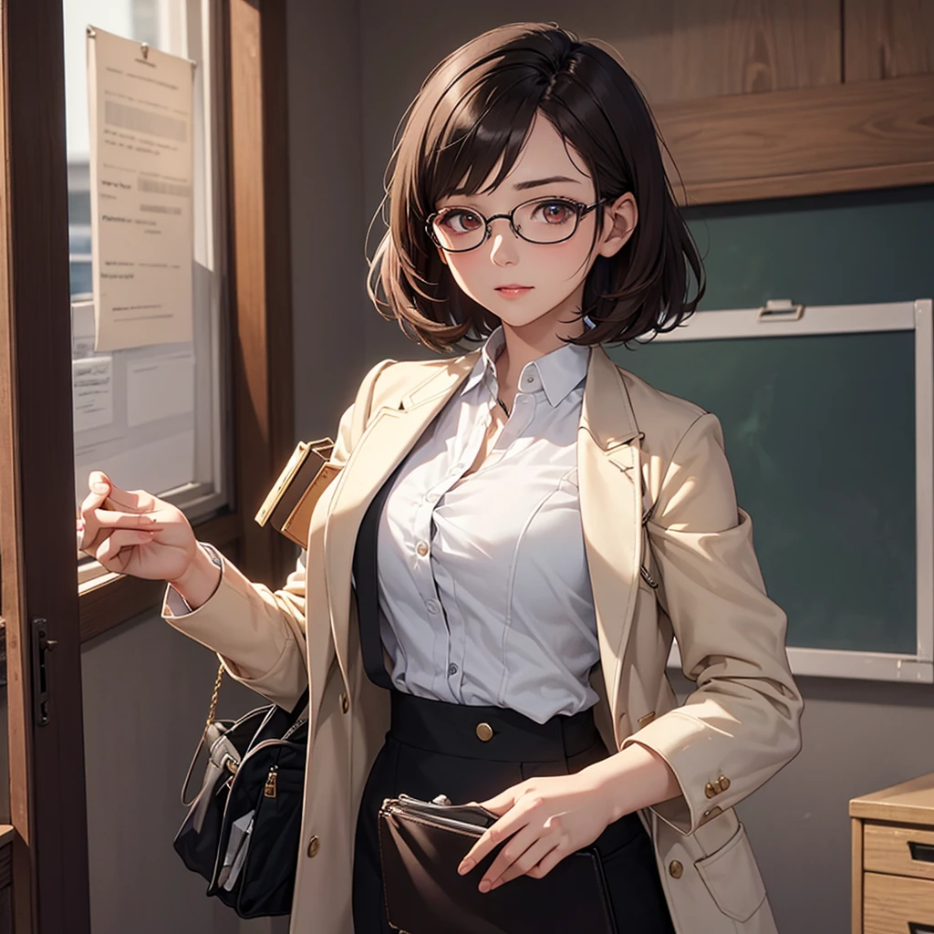 CG, Unity, 8k, wallpaper, Highest quality, masterpiece, Lovely lady, 18-year-old, Brown hair short cut, White skin, Best lighting, Complex pupil, Intricate weaving,((professor:1.2)),harf body,professor、tailored jacket、Shiny black blouse、Gadget Pouch、Opened the chest、Glasses