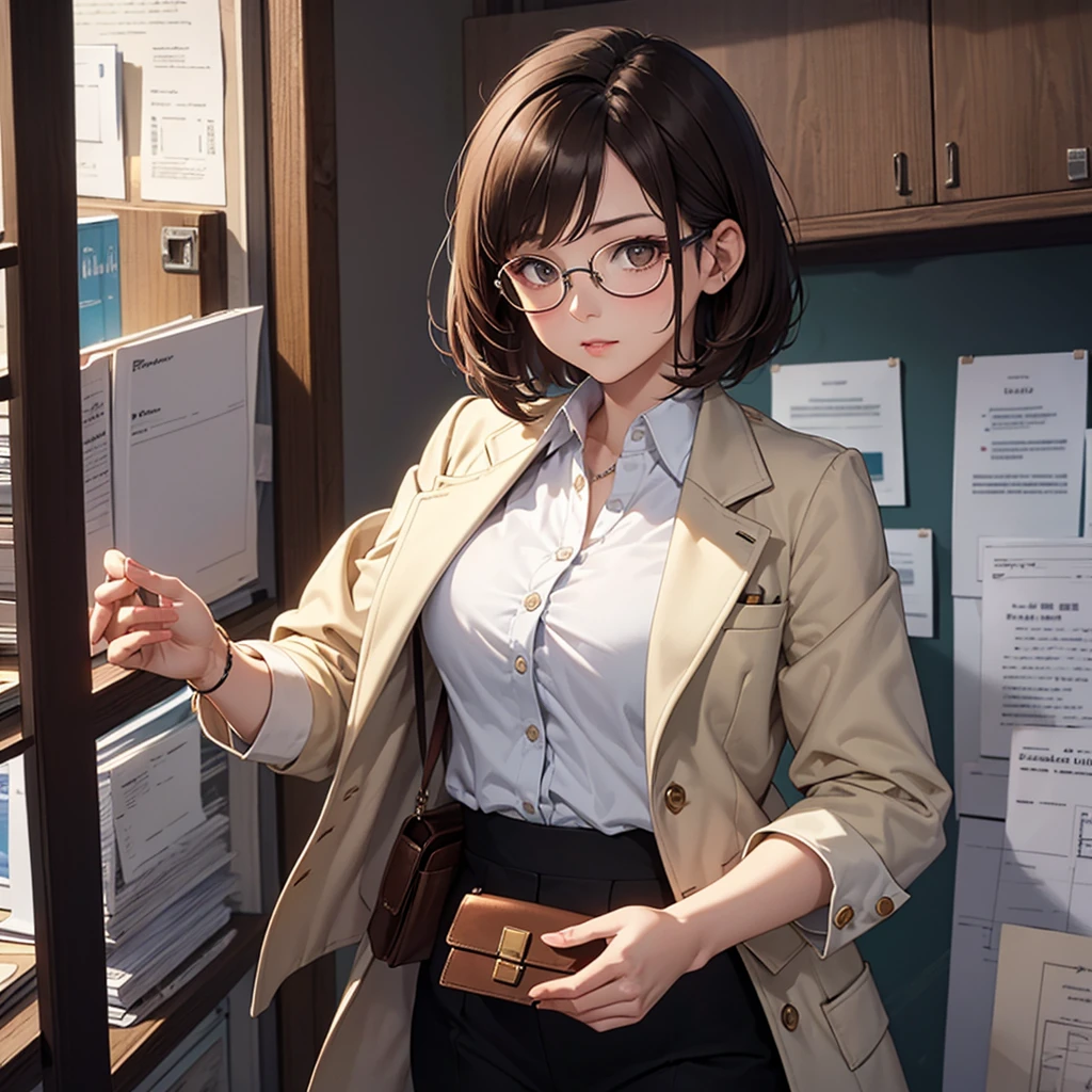 CG, ユニティ, 8K, 壁紙, 最高品質, 傑作, 素敵な女性, 1, 茶髪ショートカット, 白い肌, {最高の照明, 複雑な瞳, 複雑な織り,((研究者:1.2)),ハーフボディ,教授、テーラードジャケット、ガジェットポーチ、宝箱を開けた、眼鏡