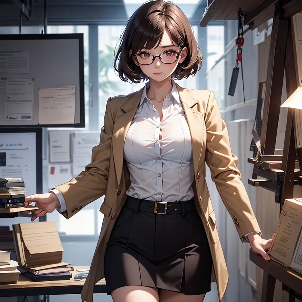 CG, ユニティ, 8K, 壁紙, 最高品質, 傑作, 素敵な女性, 1, 茶髪ショートカット, 白い肌, {最高の照明, 複雑な瞳, 複雑な織り,((研究者:1.2)),ハーフボディ,教授、テーラードジャケット、ガジェットポーチ、宝箱を開けた、眼鏡