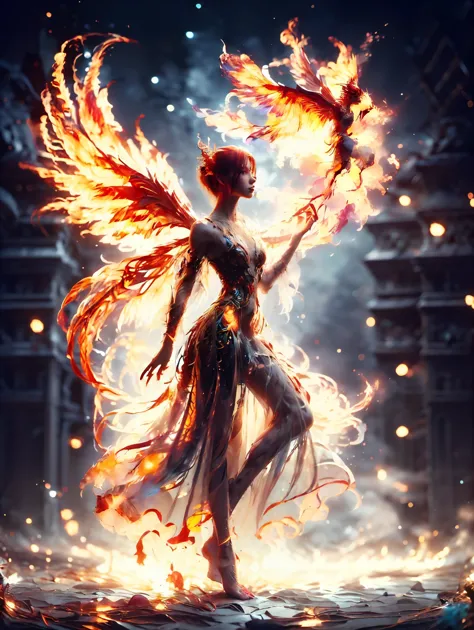 frontal, close up, floating in the air, ((1 woman, she is a fire fairy, alone, luminescent red hair, medium and shiny hair, thic...