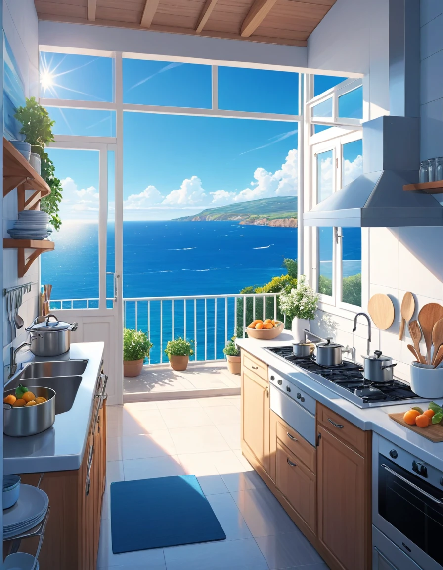 Picture of a kitchen with a sea view, Kitchen on a sunny day, Overlooking the sea, Detailed landscape, blue sea. Ocean view,.