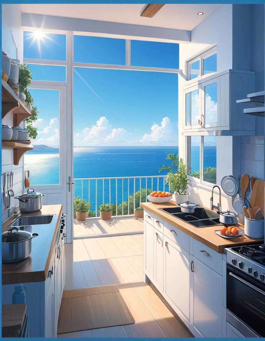 Picture of a kitchen with a sea view, Kitchen on a sunny day, Overlooking the sea, Detailed landscape, blue sea. Ocean view,.