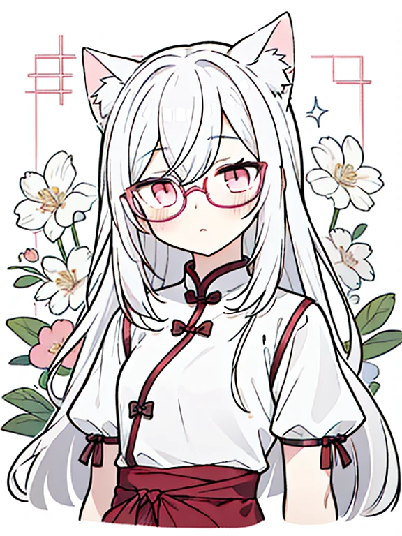 best quality, masterpiece, 1 girl, loli, upper body, hairs between eyes, female, pink eyes, long hair, small breasts, expressionless, Wink , cat ears, white hair, silver hair, streaked hair，   long bangs, cheongsam，Glasses