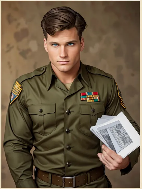 illustration in leyendecker style: the lieutenant was a hunk. just under 6 foot with brown hair and green eyes he had a toned bo...