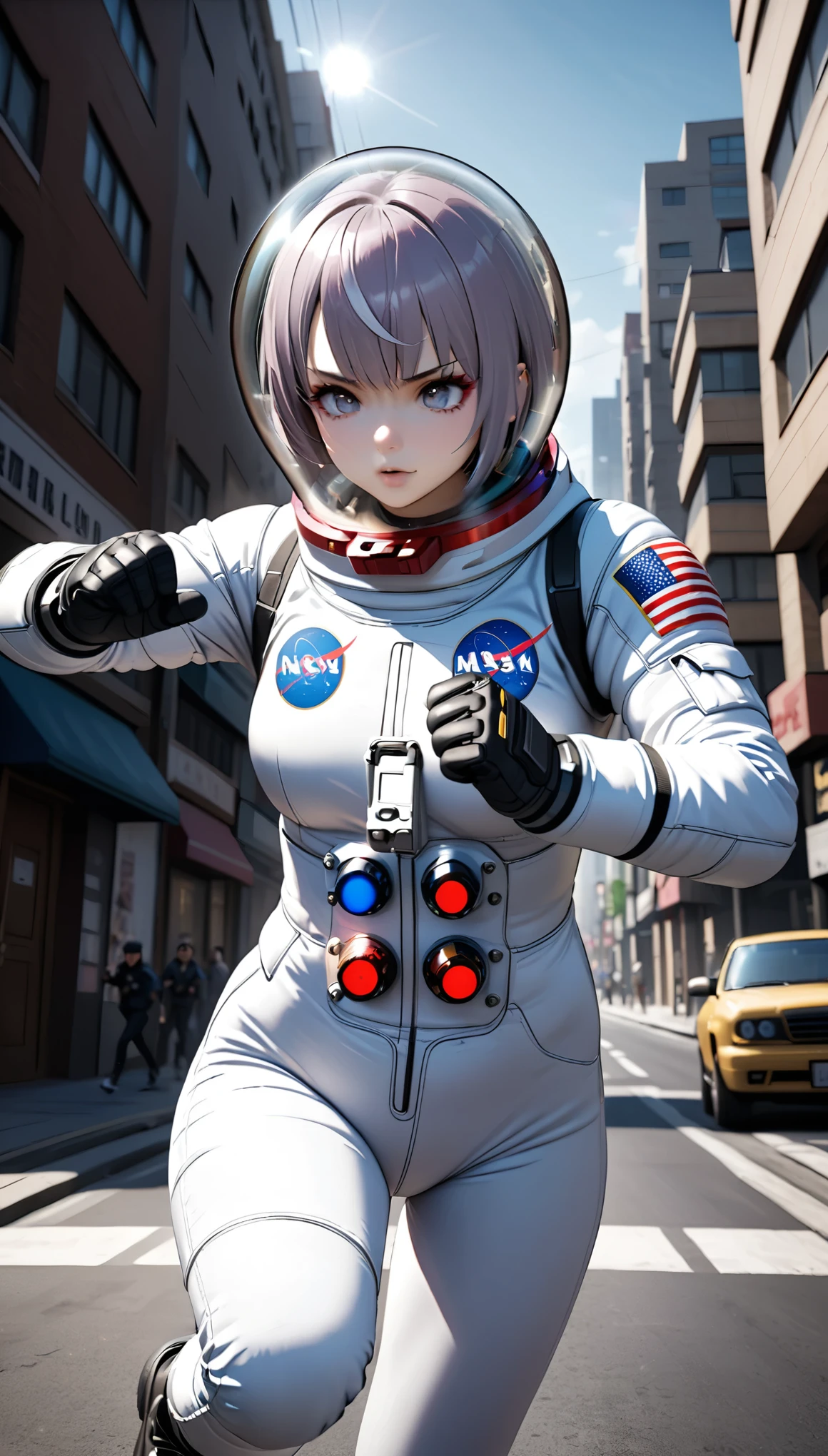 short hair, street, emo, gray hair, white eyes, eyeliner, apocalypse, (holding sword), astronaut, fighting stance,  girl,   running, road, city, short hair, outdoors, cinematic light,  medium breasts, covered navel, space helmet, muvluv, space helm, 