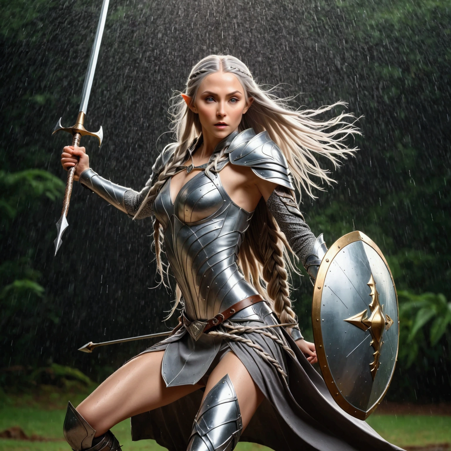 slow exposure image of a {1elven stunning pose, warrior, swinging the sword in cutting movement, photo_model pose, holding sword, holding shield, bright shining(ARMOR AND SHIELD), perfect proportional anatomy, elven with high heels, silver long hair, multi braid hair, bright shining armor, rain of arrows, jumping attack stance battlefight, UHD, intricate detailed, 8k, best quality ever, masterpiece, super detailed, unleashed creativity, beyond imagination, dramatic light, gradient motion color background}, rough, massive rain arrows background, arrows rain, weathered and textured, slow shutter speed motion photography, shot on Fuji Film XT4 camera f/1.5. ISO 200